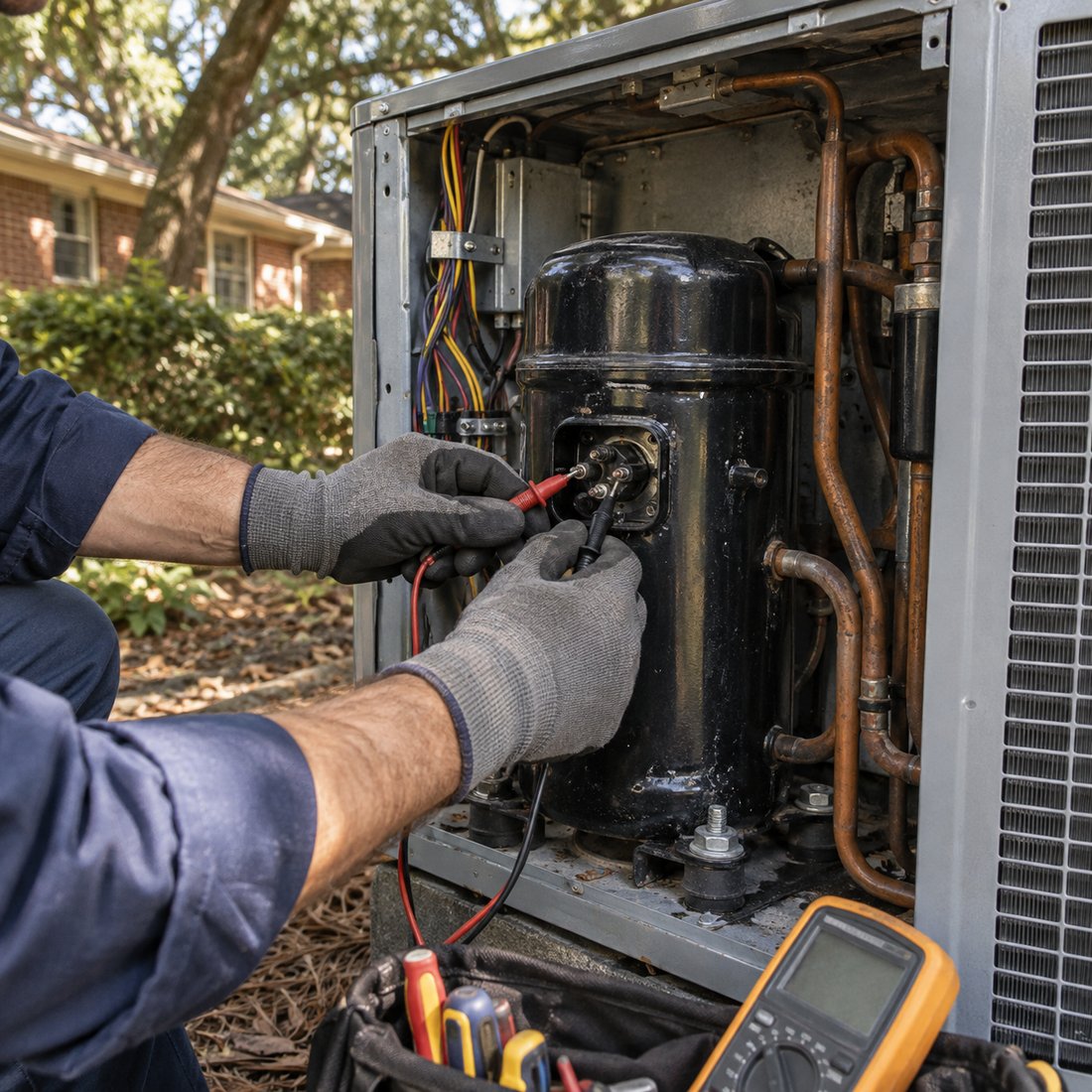 Close view of a technician's hands testing the compressor terminals inside an outdoor unit with a meter