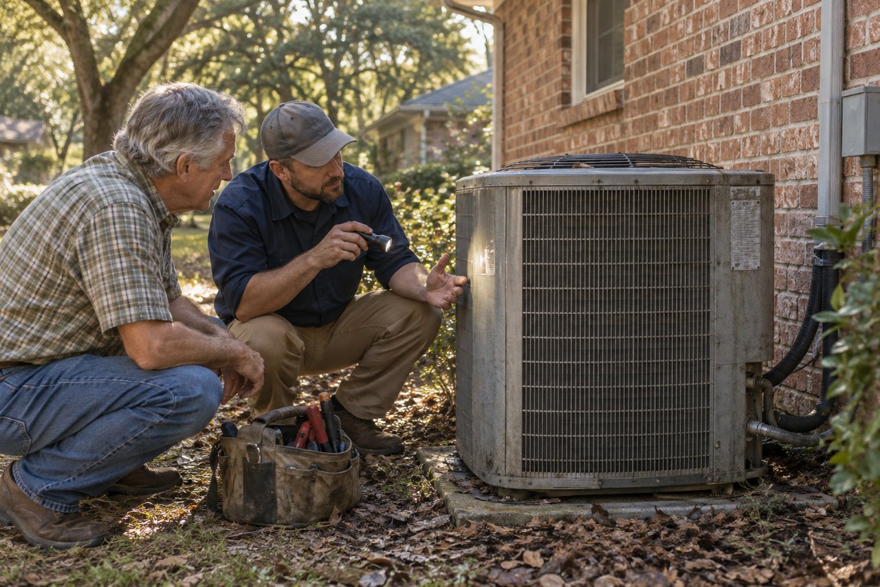 An older outdoor air conditioner with a weathered cabinet, its data plate lit by a flashlight but unreadable
