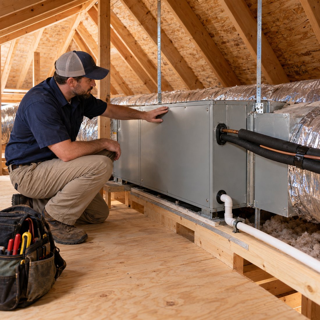 A technician checking an air handler on a platform in a bright, well-lit attic
